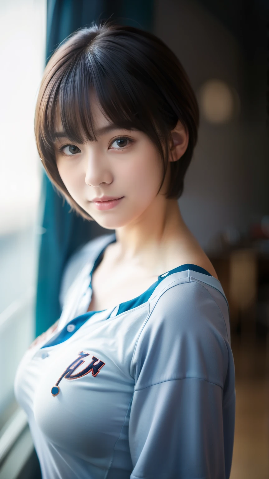 ((8k:1.27), best quality, masterpiece, ultra highres:1.2) Photo of cute idol girl (beautiful:1.1), teen, 18 years old, fantasy, detailed, professionally photography, Hasselblad camera, depth of field, 300mm fixed lens, super realistic, ray tracing, cinematic photography, natural lighting, thick body, short pixie haircut, randomly hair color, cute russian girl, big breast, solo girl, 1 girl, wear jersey baseball, play baseball