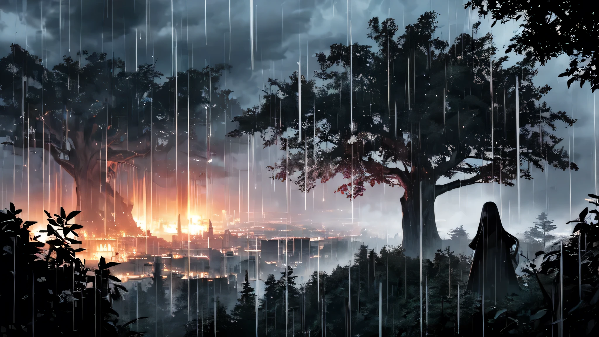 (masterpiece, best quality, highly detail), color, (magnificent view:1.2), looking over,
(heavy rain:1.3), cloudy sky, (gigant huge tree:1.2), big birds, fantasy, fairly tail, ((dark sky)), grin evil smile witch girl, ghost girl, (horror red dot eyes)
