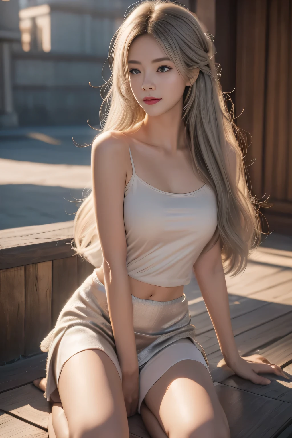 hair bobbles, wince, longeyelashes, solid circle eyes, light smile, ear blush, fang, ccurate, Surrealism, drop shadow, anaglyph, stereogram, tachi-e, pov, atmospheric perspective, 8k, super detail, best quality, award winning, super detail, anatomically correct, UHD, retina, masterpiece, textured skin, high details, best quality, highres, high quality, accurate，((masterpiece)), ((best quality)), ((high resolution)), ((Extremely detailed CG unity 8k wallpaper)), solitary, orange, Brown , Black skirt, White socks, outdoor, Face, beach, Fluff, parted hair, Silver Hair