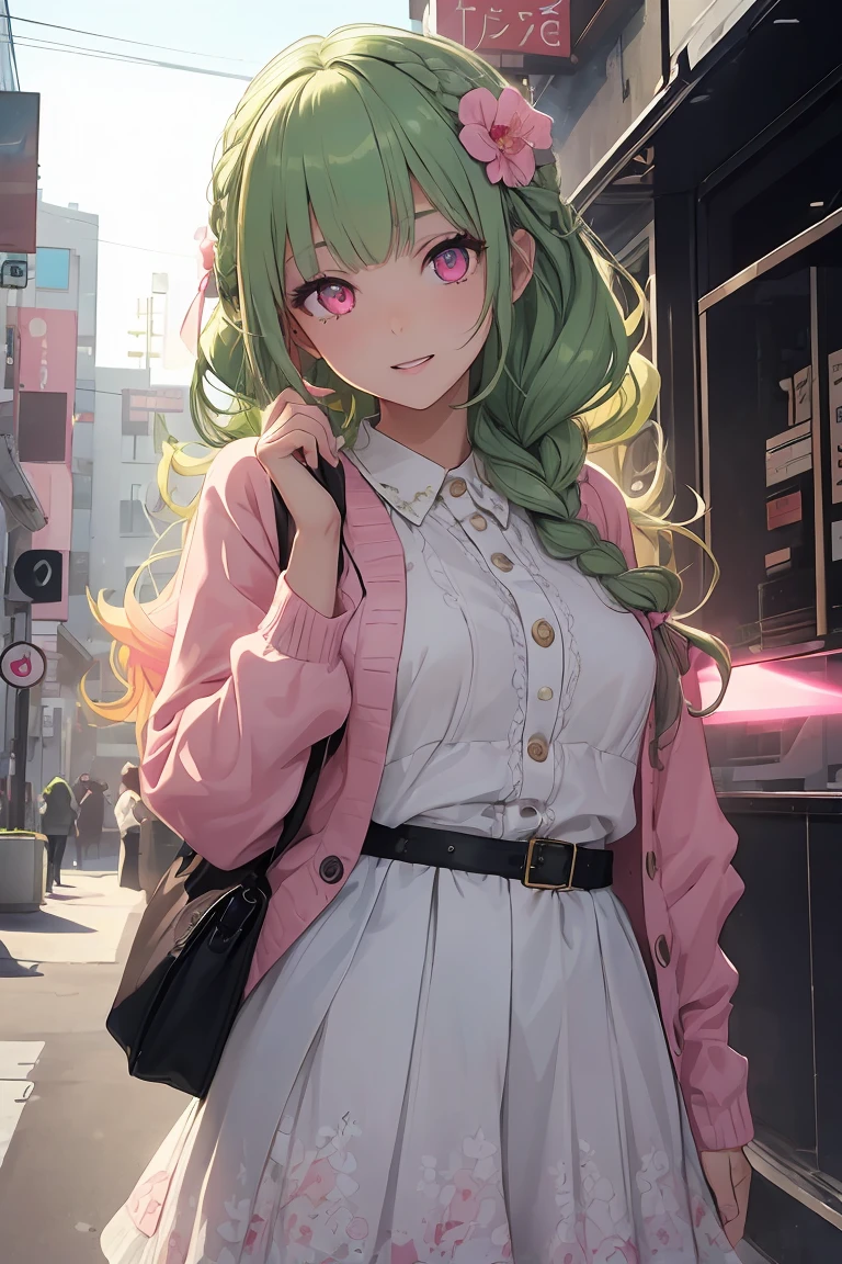 ((1 girl)), Trending clothes,Soft and fluffy, White floral skirt, cardigan,Street fashion,Cowboy Shot,((Very detailed,highest quality, High resolution, 8k wallpaper, Beautiful clothes,)),((Green Hair, Medium Hair, Loose Curly Hair, Braided hair)) (Bright Blue Eyes), (teeth), Grinning face, eye shadow, eyeliner,Glow Eye, Very detailedな目, Sharp eyes, Beautiful Eyes, ((Glowing pink eyes)), 18-year-old girl.