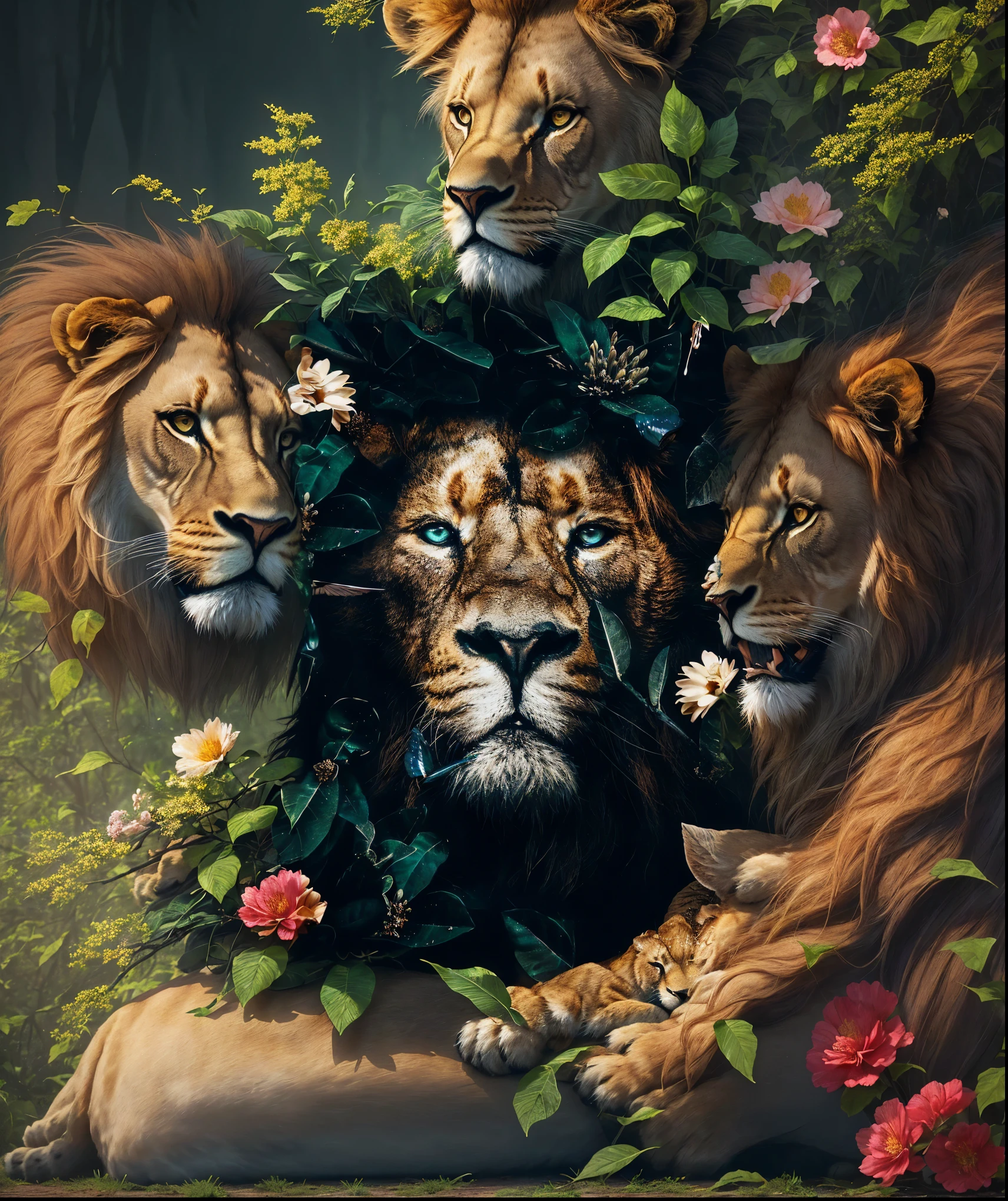 a close-up of a lion surrounded by flowers and leaves, Rei da floresta, senhor da selva, rainha da selva, with a lion's mane, meithe lion, Lion's face, por Adam Marczyński, foto de animal de arte digital, por Galen Dara, Aslan, the lion, portrait of a lion