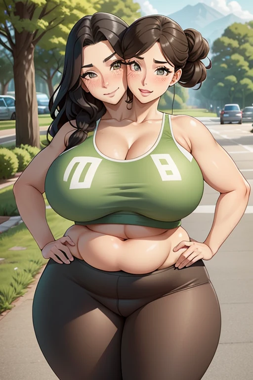 2heads, tall chubby woman with 2 heads. Massive breasts. Mother. Freckles. Outside on park trail. Wearing sports bra, wearing leggings. Straight long brown hair in a bun. Blushing. Happy, smiling. Thick eyeliner. Gorgeous thin mature face. Seductive. Huge thighs. Wife. Blushing. Breathing heavily.