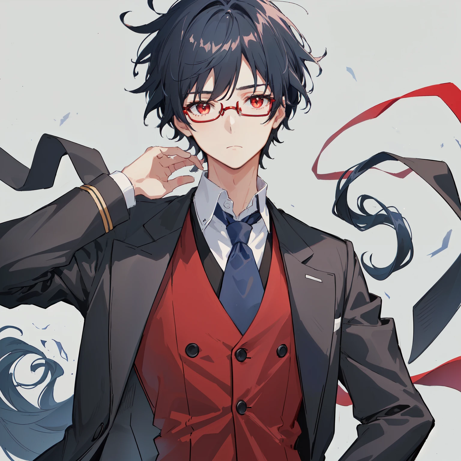 1boy, anime, unkempt_short_wavy_hair, black_hair, navy_blue_long_coat, red_waistcoat, black_ascot_tie, red_eyes, emotionless, white_background, black_glasses, looking_at_viewer