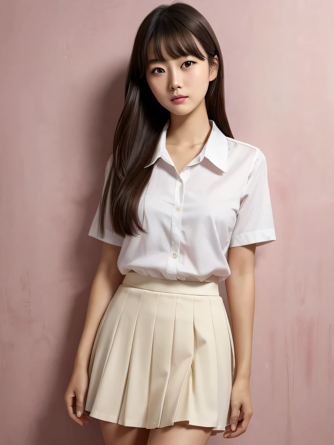 (masterpiece:1.3)、8k,Very fine finish、(High resolution、8k:1.3)、highest quality、Beautiful Hands、Beautiful Hands指、(Ultra-realistic as a photo:1.3), Ultra High Resolution Face、The face is in focus、Ultra high definition and beautiful eyes、(Concentrated eyes:1.3)、(Eyes are symmetrical:1.3)、High quality and beautiful skin、Firm Skin、Natural Makeup、Gloss lips, Ultra HD Hair Texture、Japanese women、high school girl、、(High School Uniform:1.3), very cute, Very short hair:1.2, Mid-chest, (Flip up the skirt、Small panties are visible from the skirt:1.1), Pink wall、 (Very embarrassed:1.3), (blush:1.3), (View Viewer:1.2)