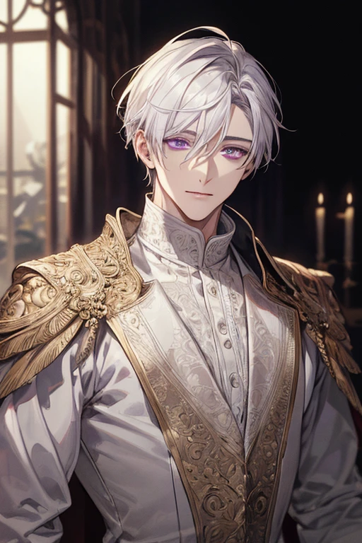 1 male, Adult, 38 years old, mature face, Beautiful, 8K,(masterpiece:1.0),(best_quality:1.0), intricate details, enlarged textures, and intricate details, finely detailed eyes and detailed face, and intricate details, short white hair, ( closed mouths), perfect eyes, equal eyes, lilac purple eyes (a male god), Perpect's Body,