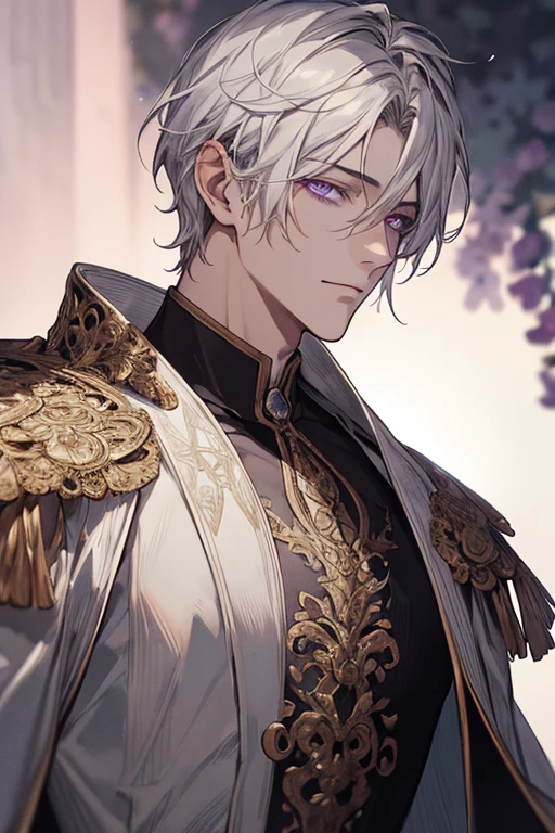 1 male, Adult, 38 years old, mature face, Beautiful, 8K,(masterpiece:1.0),(best_quality:1.0), intricate details, enlarged textures, and intricate details, finely detailed eyes and detailed face, and intricate details, short white hair, ( closed mouths), perfect eyes, equal eyes, lilac purple eyes (a male god), Perpect's Body,