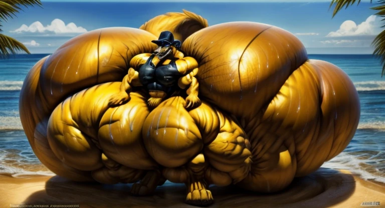 4k, high resolution, best quality, perfect lightning, perfect, solo, anthro, young, boy,golden yellow wolf:2.0, furry body, (fluffy mane:1.2), fluffy tail, male, adult, (bulky2:0, thick muscles2:0, huge muscles:2.0, hyper muscles:2.0), (thick biceps, veiny biceps, broad shoulders:2.0), (thick legs, thick calves:1.1), (digitigrade legs, 4 toes:1.2), perfect colors, (photorealistic fur, detailed fur, epic, masterpiece), (suggestive posing:1.2), (seductive smile, lustful grin 1.3), detailed beach,detailed wolf eyes:2.0, by k0suna, by darkgem,nipple ring,hyper arms:2.0,veins,golden yellow fur,hyper butt:2.0,hyper paws:2.0,standing,thick legs,thick butts:2.0,sweat body:2.0,massive butt:2.0,black hat,hyper ass:2.0,huge ass,long legs,juicy butt:2.0,butt like a wall:2.0,fat butt,butt fill most of picture:2.0,fat legs