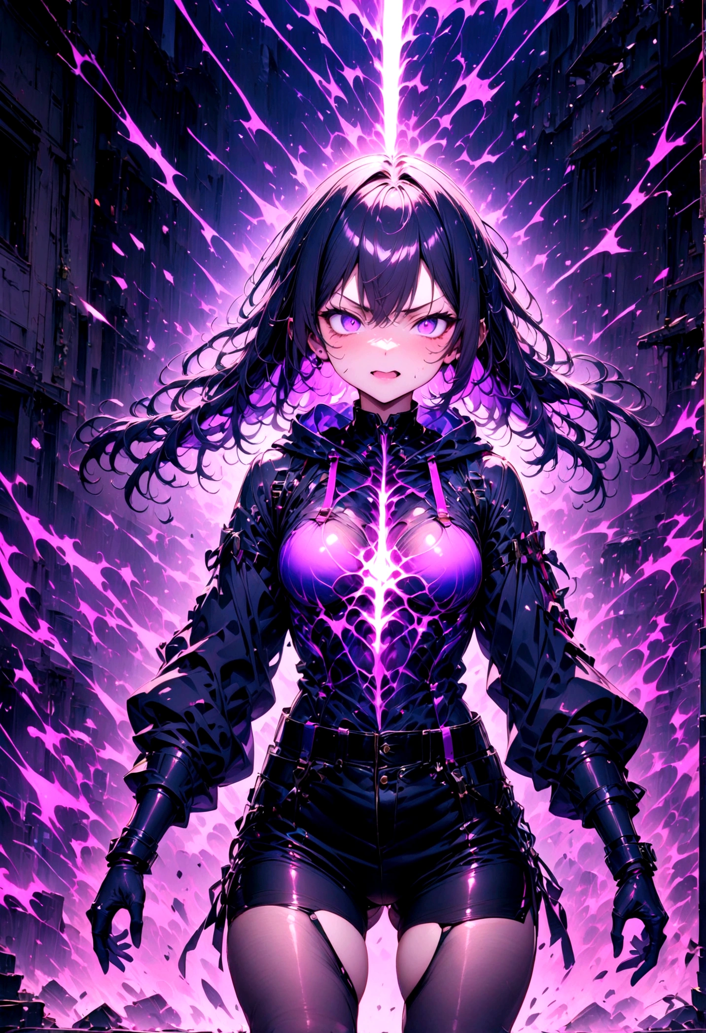 1girl, original, (solo:1.1), standing, raised fist,
scary face, ((intimate purple mist background), ((solo)), (psychic girl),The rays of light shoot through my chest, small chest, black tights, black shorts, visible through hair, (wearing black hoodie clothes), (transparency black hair), pointed end purple, gradient purple eyes, (perfect anatomy), psychokinesis, masterpiece,insanevoid, horror \(theme\),r1ge, glowing, aura, energy,flying psychic beam, ((attack)), beam, flying debris, [angry], floating hair,purple: (purple theme:1.2),blue: (blue theme:1.1), (masterpiece:1.2), (best quality:1.2), (very aesthetic:1.2), (absurdres:1.2), newest, ai-generated