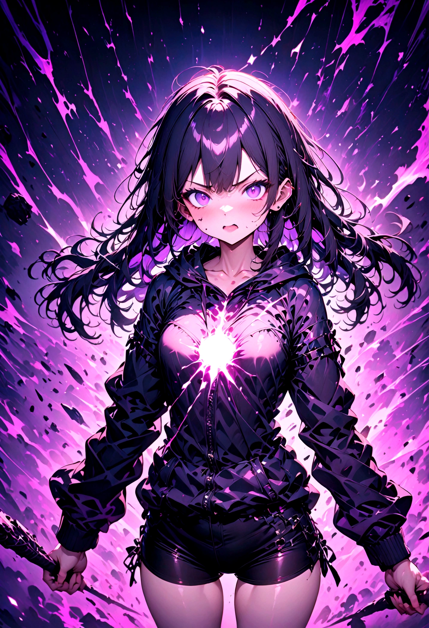 1girl, original, (solo:1.1), standing, raised fist,
scary face, ((intimate purple mist background), ((solo)), (psychic girl),The rays of light shoot through my chest, small chest, black tights, black shorts, visible through hair, (wearing black hoodie clothes), (transparency black hair), pointed end purple, gradient purple eyes, (perfect ???????), psychokinesis, masterpiece,insanevoid, horror \(theme\),r1ge, glowing, aura, energy,flying psychic beam, ((attack)), beam, flying debris, [angry], floating hair,purple: (purple theme:1.2),blue: (blue theme:1.1), (masterpiece:1.2), (best quality:1.2), (very aesthetic:1.2), (absurdres:1.2), newest, ai-generated