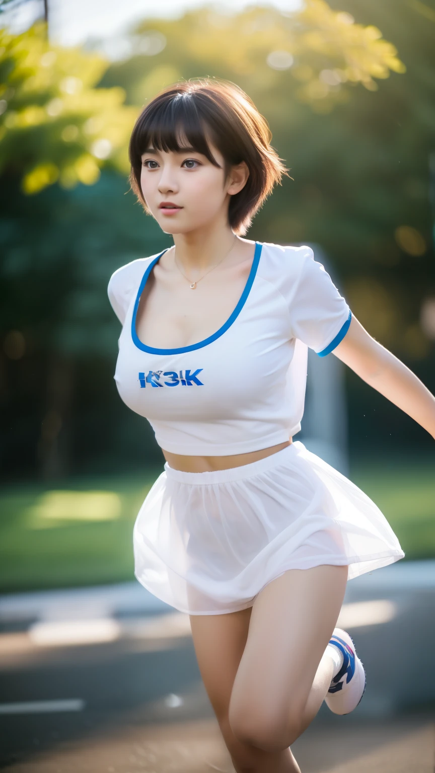 ((8k:1.27), best quality, masterpiece, ultra highres:1.2) Photo of cute idol girl (beautiful:1.1), , 18 years old, fantasy, detailed, professionally photography, Hasselblad camera, depth of field, 300mm fixed lens, super realistic, ray tracing, cinematic photography, natural lighting, thick body, short pixie haircut, randomly hair color, cute russian girl, big breast, solo girl, 1 girl, wear jersey soccer, play soccer, kick ball, dribbling, full body, running kick the ball