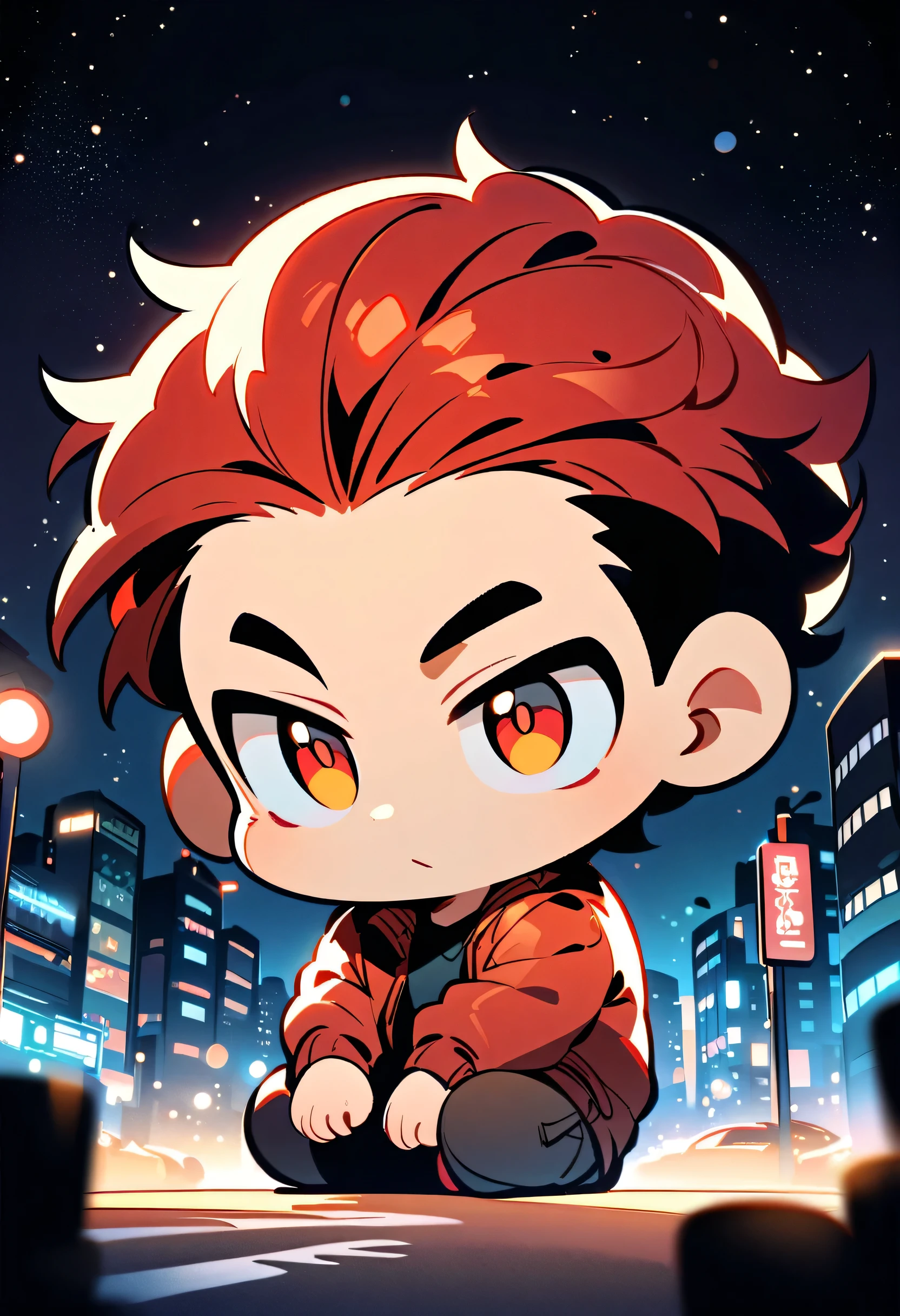 a man, handsome, robust, red hair, big head, cute, wearing a jacket, positioned on a road in a city at night, centered in the image, full body, soft urban lighting, starry sky in the background, chibi art style, in a natural pose, best quality