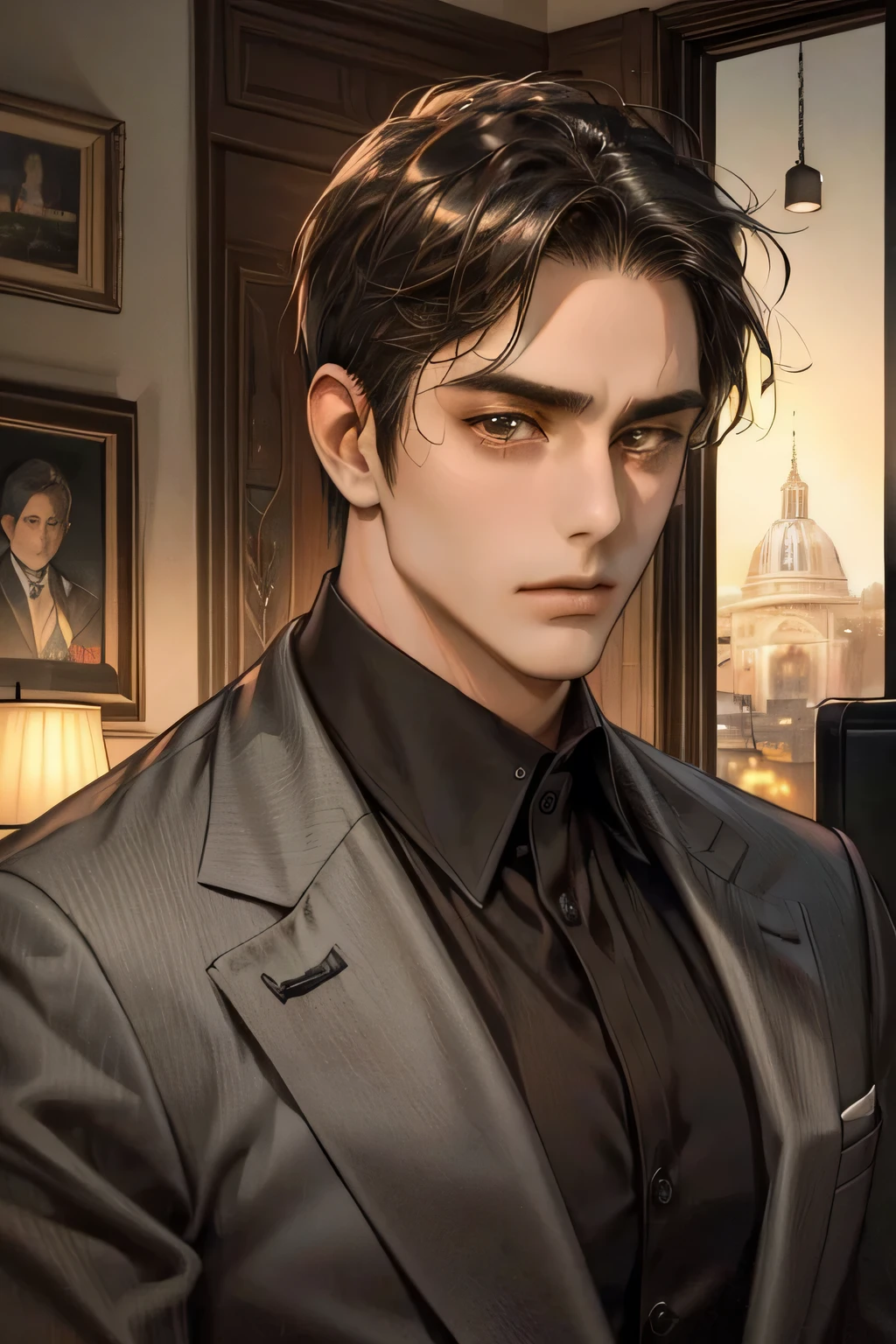(1 adult man 40 years old), black hair, ((Brown eyes)), (office suit), minimalistic furnishings, Large assembly, half of the body, portrait, good anatomy, (Detailed eyes), ((dark skin)), A face without emotion, (bottom up view), (Italian)