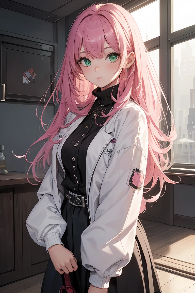 ((1 girl)), Latest Trends in Clothing,((Very detailed,highest quality, High resolution, 8k wallpaper, Beautiful clothes,)),((Pink Hair, Long Hair,Straight hair,Both sides up)) ,(Green Eyes),eye shadow, eyeliner,Glow Eye, Very detailedな目, Complex eyes, Beautiful Eyes, ((輝くGreen Eyes)),18-year-old girl, Peek into