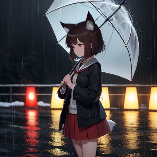 Kitsune, girl, school girl,brown hair, cute, short, beauty, in a dark rain, dark rain, umbrella, holding a umbrella, under rain, Kitsune girl under rain, fox ears, fox tail, black eyes, cloudy weather, a bit sad eyes, sad, almost crying,wet clothes, transparent clothes, sad, depressed, looking away, walking, park, water,, raining a lot, storm
