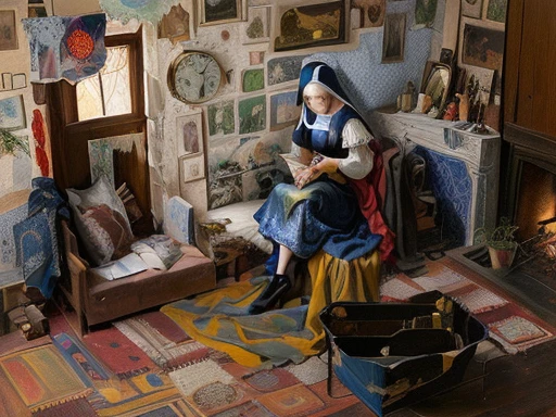 painting of a woman sitting on a couch in a room, inspired by Johannes Vermeer, inspired by Vermeer, in style of digital painting, inspired by Candido Portinari, art in the style of paula rego, inspired by Hans Baluschek, surreal scene, inspired by Nicolaes Eliaszoon Pickenoy, maximalism digital art, digital cartoon painting art