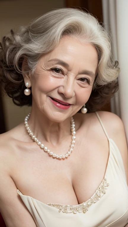 Beautiful old woman, smile,sexy,80 years old, curly hair,sexy,wearing a pearl necklace,Beautiful older woman, cute,smile,sexy,80 years old,,sexy,wearing a pearl necklaceold woman,busty,Curly hair