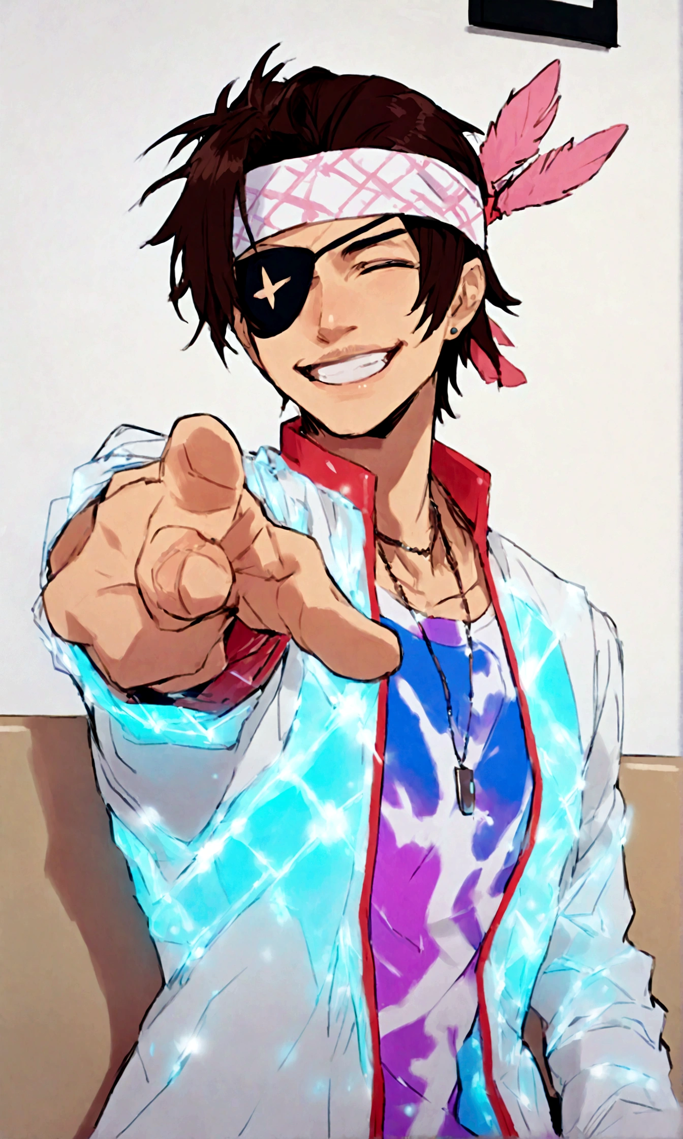 male, smile, maleアイドル, bandana, Feather ornament, majimaDEF, eyepatch, tattoo, necklace, to point at, LED Jacket