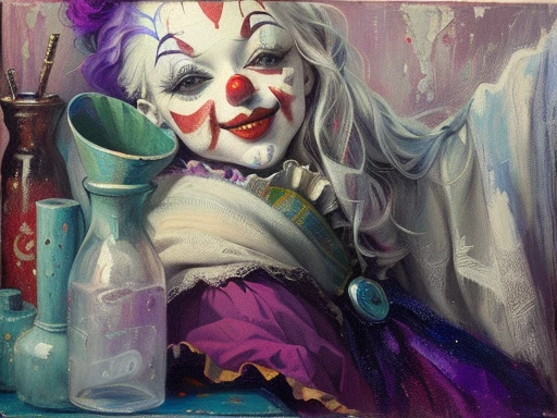 painting of a clown with a bottle and a vase, communist clown painting, inspired by Edmund Blampied, creepy clown girl, inspired by William Gropper, inspired by Yue Minjun, clown, the clown is far from the camera, inspired by Mark Ryden, dead clown, inspired by George Luks, inspired by Joseph Kleitsch, an expressive oil painting