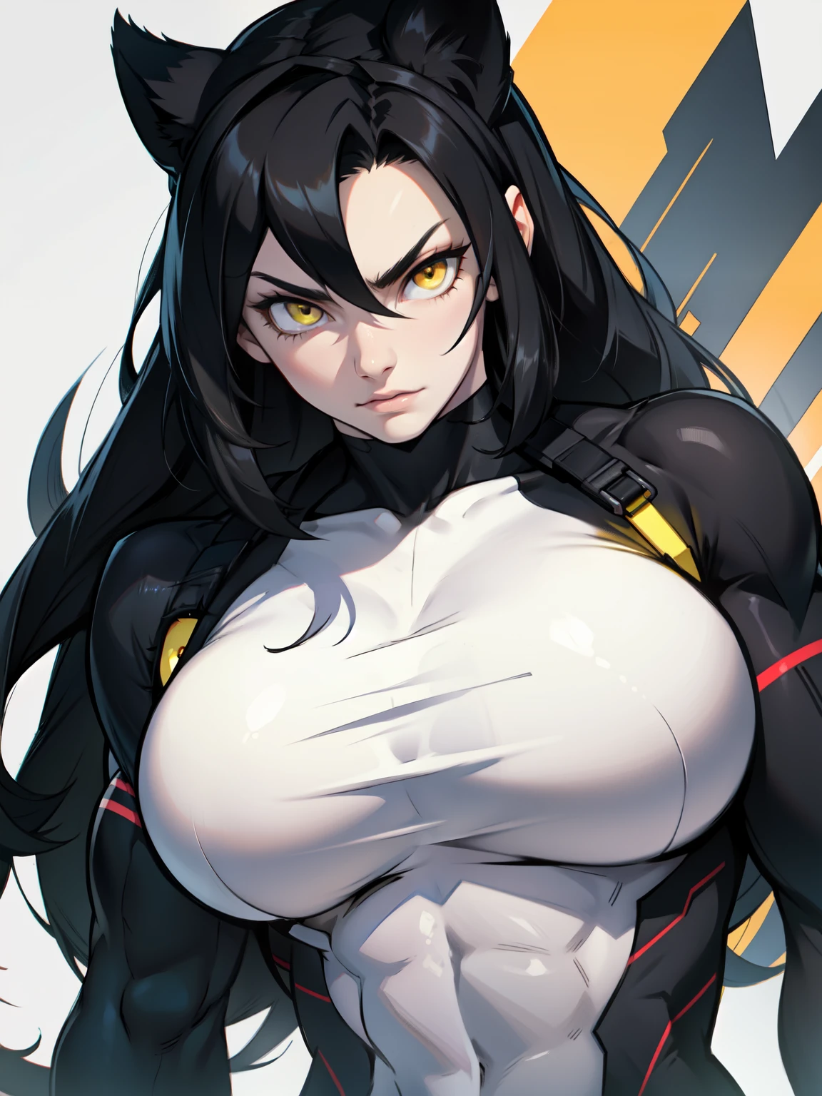 hyper muscular girl massive black hair yellow eyes pale skin beautiful