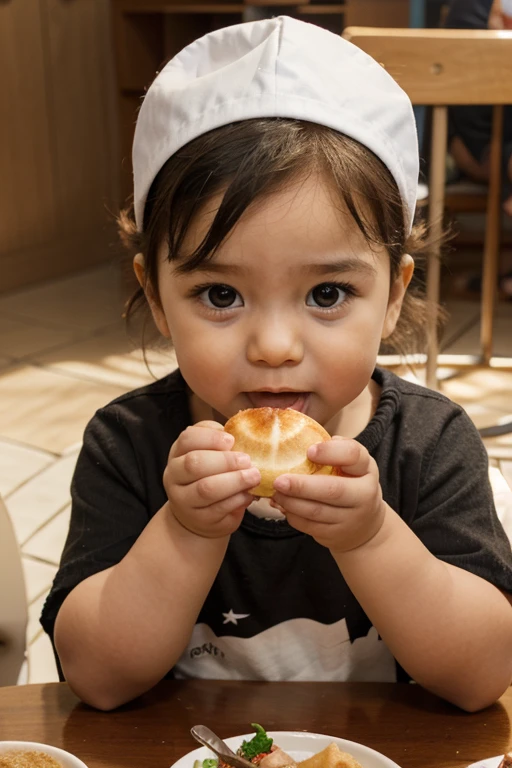 Raise a baby, comendo papinha, sentado em uma cadeira, com uma mesa com uma colher e um pote pequeno com papinha