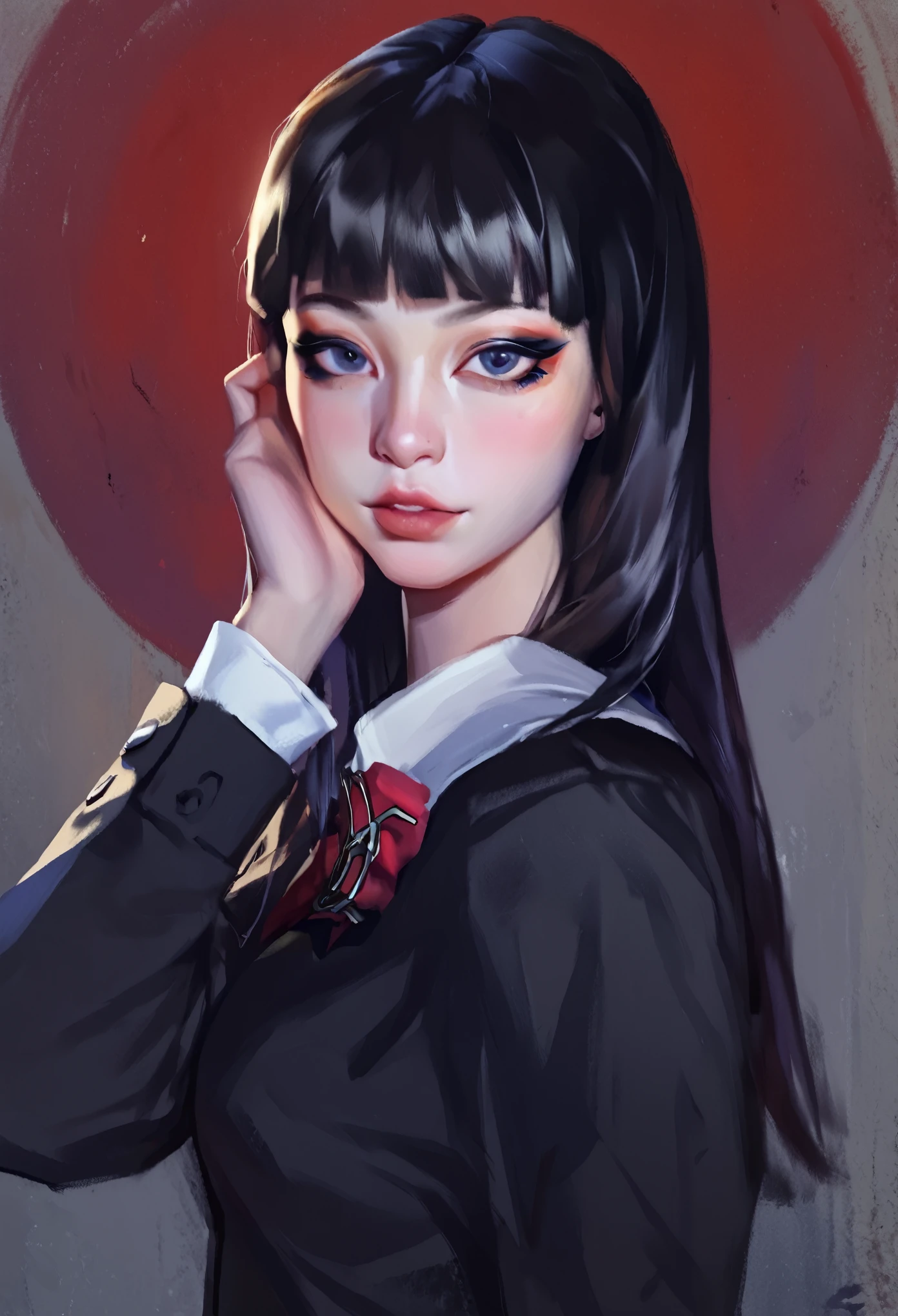 smudgy, traditional art, liu2, brush texture, score_9, score_8_up, score_7_up, score_6_up, score_5_up, score_4_up, BREAK 1girl, intricate, school outfit , (eyeliner:1.2), looking at viewer, black hair, long hair, hime-cut, pale skin, jewelry, detailed background, breasts (masterpiece, high quality:1),
