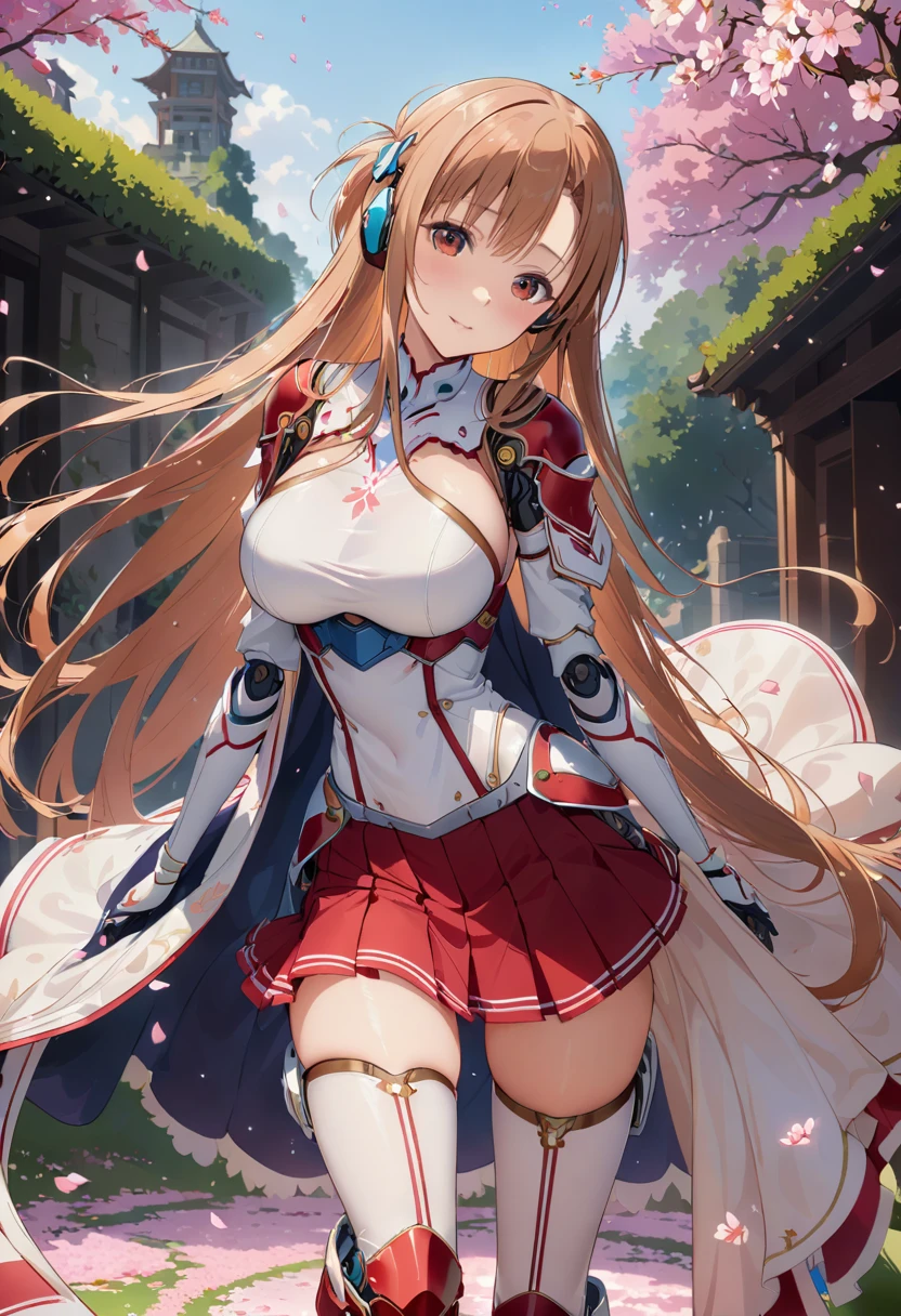 alone, 1 girl, Stacia, Yuuki Asuna, keep, arms, Focus on women, sword, Cape, armor, Lambent Light, Handguard, sheath, armor, full armor, Integrated Knight,Cherry blossoms bloom all over the ground,Background of falling cherry blossom petals (((masterpiece))), ((highest quality)), ((Intricate details)) (8k)