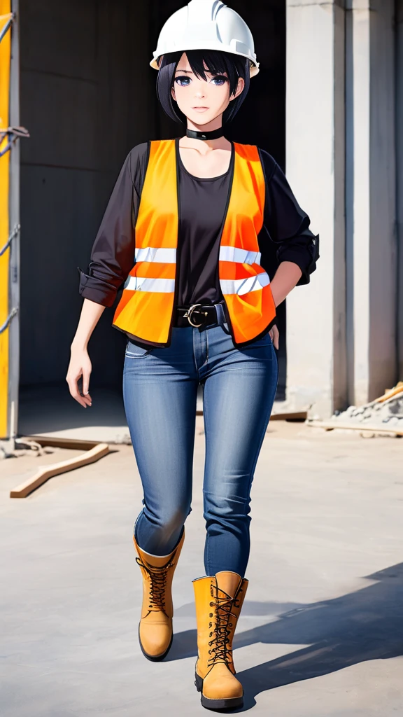 a tomboy girl, mature, sexy, smart, black short hair, purple pupil eyes, wearing Construction worker's helmet, wearing black plain chokers, wearing Safety vest for construction work, wearing Plain black long-sleeved shirt, long jeans, wearing Construction boots.