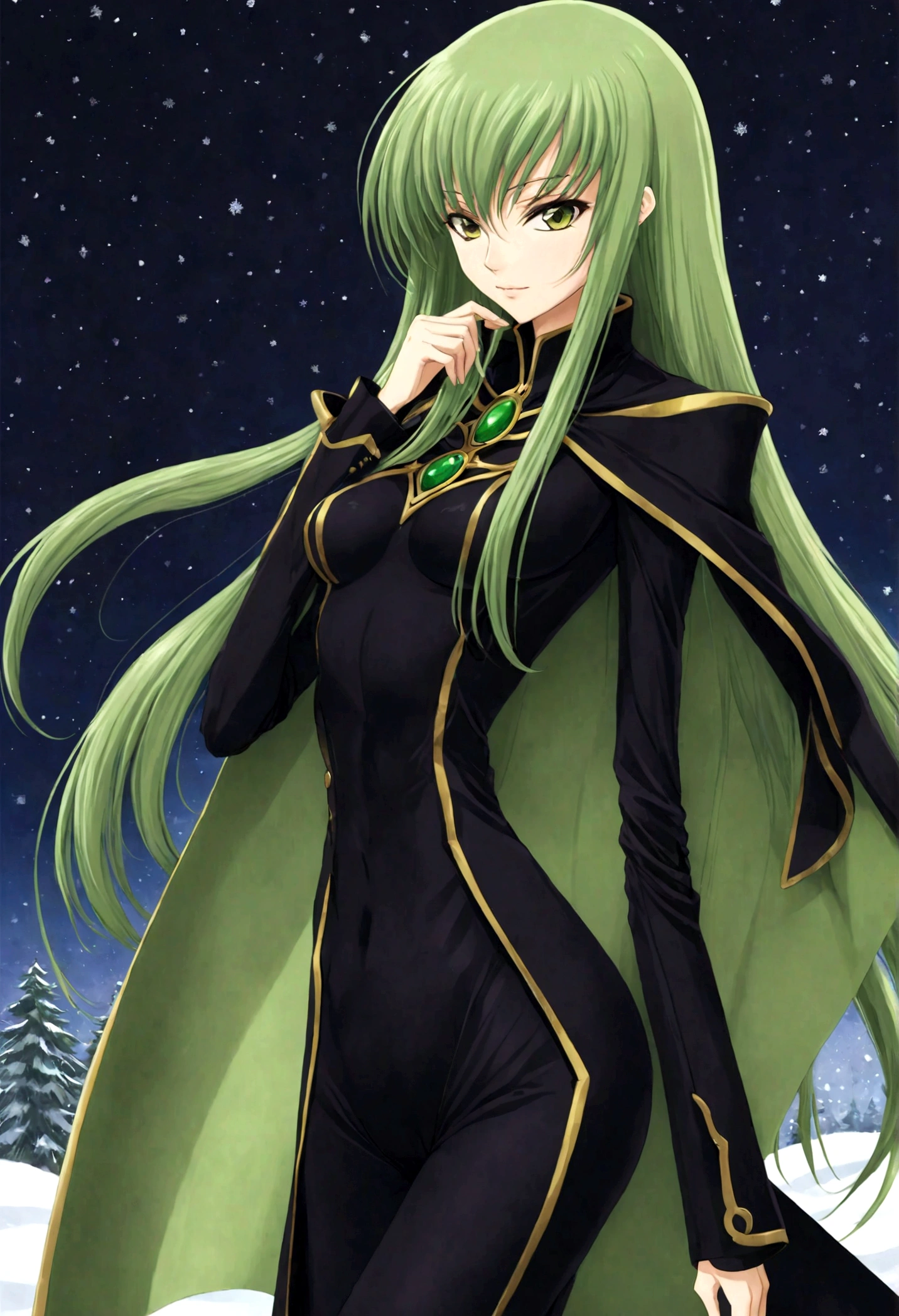 1girl, Code Geass, C.C., "CODE GEASS Lelouch of the Rebellion", solo, (green hair), cc_codegeass, long hair, straight hair, bangs, brown eyes, hair between eyes, suit, cloak, winter, forset, seductive smile, looking at viewer, weapon on shoulder, (masterpiece, best quality, Professional, perfect composition, very aesthetic, absurdres, ultra-detailed, intricate details:1.3)