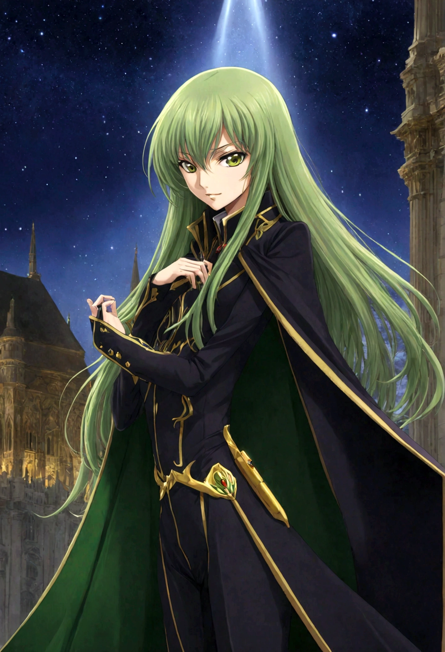 1girl, Code Geass, C.C., "CODE GEASS Lelouch of the Rebellion", solo, (green hair), cc_codegeass, long hair, straight hair, bangs, brown eyes, hair between eyes, suit, cloak, winter, forset, seductive smile, looking at viewer, weapon on shoulder, (masterpiece, best quality, Professional, perfect composition, very aesthetic, absurdres, ultra-detailed, intricate details:1.3)