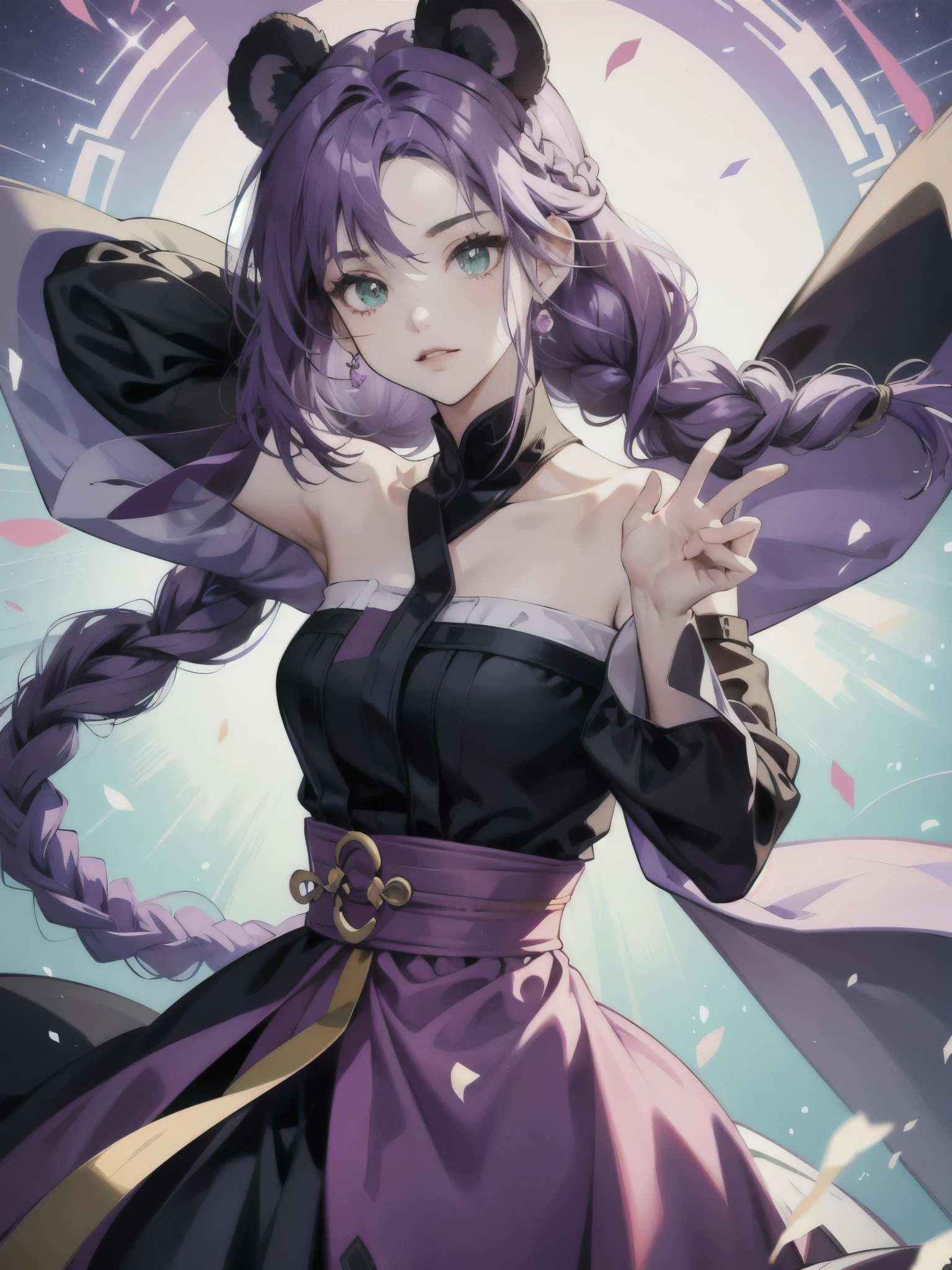 Purple hair, green eyes in anime style panda ears, braids, asymmetric dress, beautiful, dynamic pose
