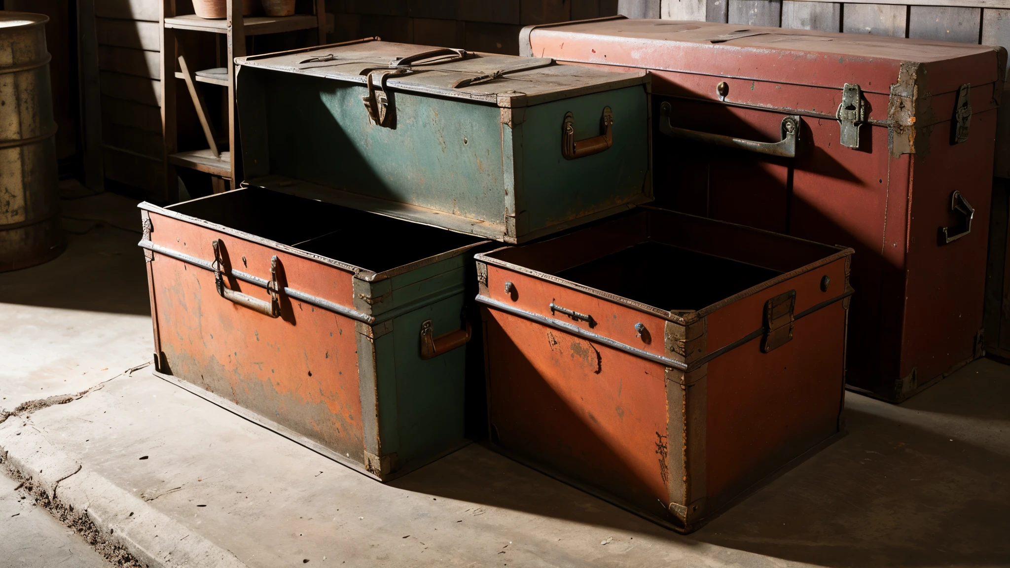 An old open rusty metal toolbox with tools sticking out, atmosphère vintage, hyper realism, structures complexes, Precise details, volumetric light
