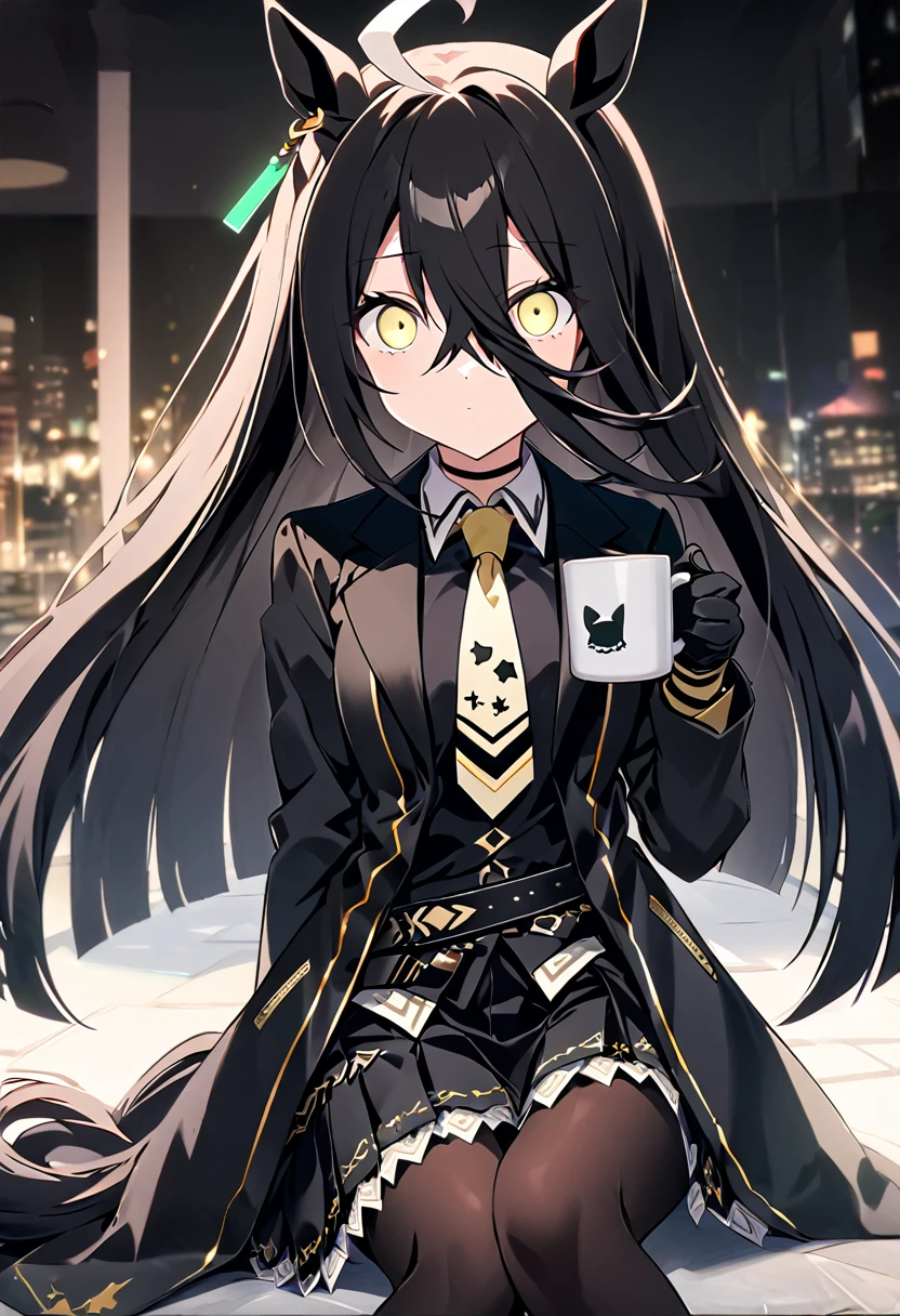 score_9, score_8_superior, score_7_superior, sauce_anime, evaluation_Safety, alone, One girl, Manhattan Cafe, Expressionless, View Viewer, Have a coffee mug, Ahoge, Black jacket, shirt, tie, Black gloves, skirt, pantyhose, Single earring, Horse tail