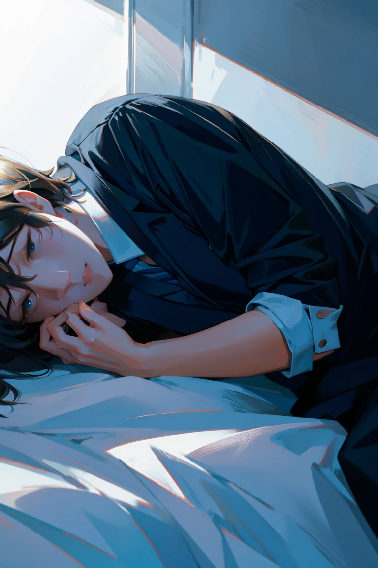 An office worker looking at his smartphone while lying down