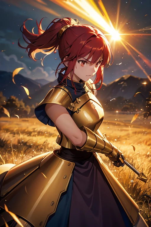 best quality, flowing red hair, golden eyes, glowing weapon, , masterpiece, golden armour, knightly pose, side view, grassland
