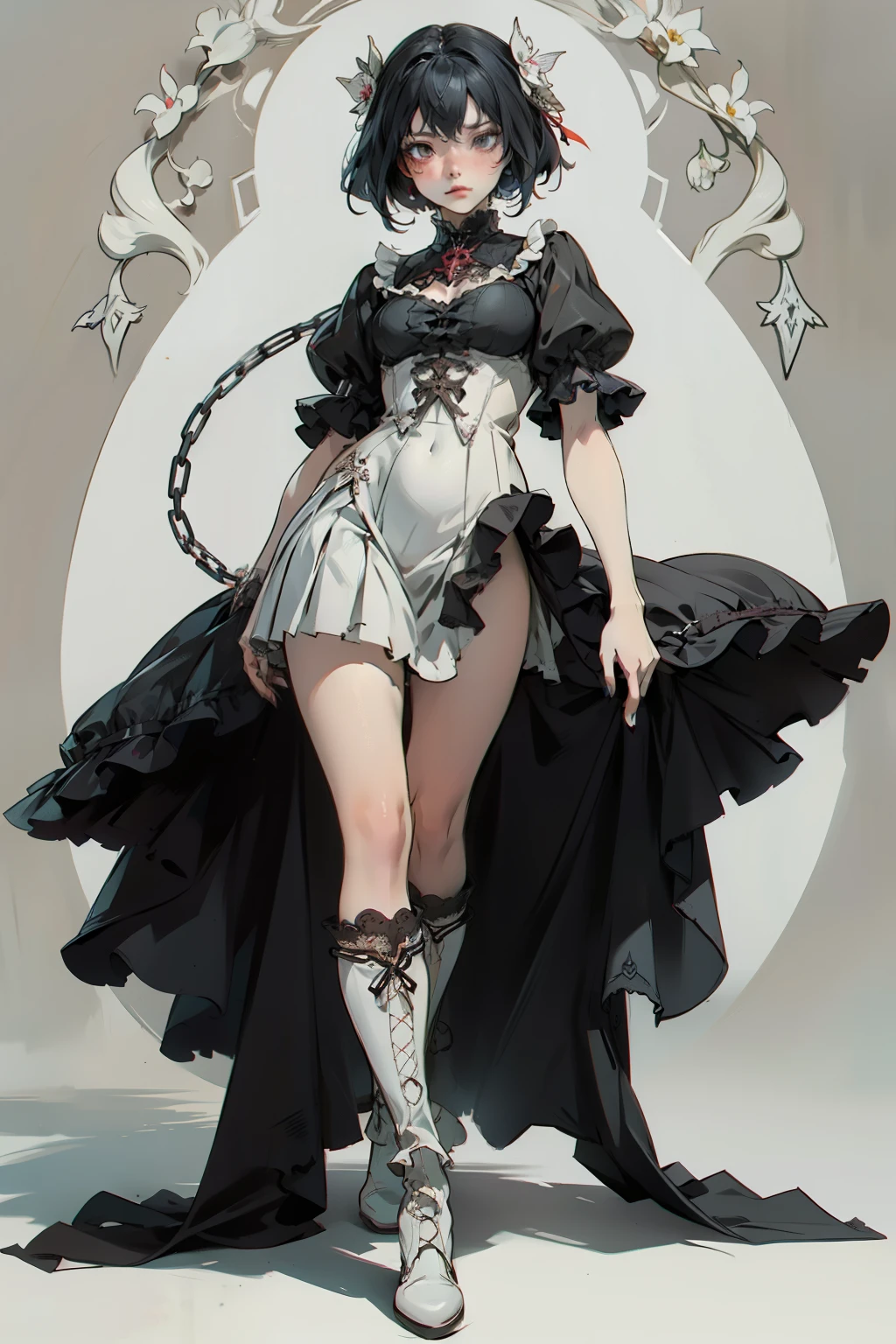 ((best quality)), ((masterpiece)), (detailed), a penitent female, blank white background, plain background, white background, red and white clothing, Bloodborne aesthetic,  occult aesthetic, occult, occult paraphernalia, detailed and intricate steampunk and detailed gothic, NSFW, Very dramatic and cinematic lighting, cosmic horror, grim-dark, side-lighting, perfect face, NSFW, Fluttering lace flared  dress with frilly petticoats, pleated petticoats, petticoats, complex lace boots, side-lighting, gothic aesthetic, chains, mechanical components, carbine, NSFW, beautiful small breasts, small breasts, full body, whole body, body, plain background, white background, blank background, no background, white background NSFW, full body, whole body, head-to-toe dynamic poses NSFW