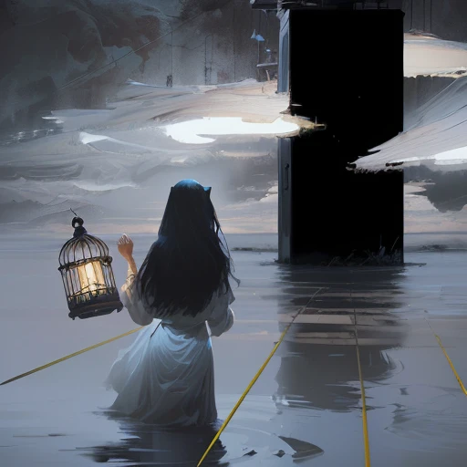 there is a woman holding a bird cage in the water, girl under lantern, hard light digital painting, desolate. digital illustration, dark high-contrast concept art, dark atmosphere illustration, atmospheric. digital painting, an expressive digital painting, emerging from her lamp, conceptual, concept illustration, speed painting, trying to escape, nightlight study, art concept for a book cover