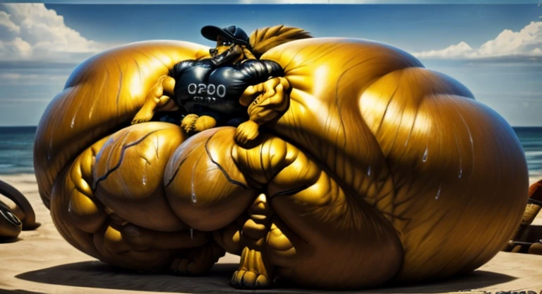 4k, high resolution, best quality, perfect lightning, perfect, solo, anthro, young, boy,golden yellow wolf:2.0, furry body, (fluffy mane:1.2), fluffy tail, male, adult, (bulky2:0, thick muscles2:0, huge muscles:2.0, hyper muscles:2.0), (thick biceps, veiny biceps, broad shoulders:2.0), (thick legs, thick calves:1.1), (digitigrade legs, 4 toes:1.2), perfect colors, (photorealistic fur, detailed fur, epic, masterpiece), (suggestive posing:1.2), (seductive smile, lustful grin 1.3), detailed beach,detailed wolf eyes:2.0, by k0suna, by darkgem,nipple ring,hyper arms:2.0,veins,golden yellow fur,hyper butt:2.0,hyper paws:2.0,standing,thick legs,thick butts:2.0,sweat body:2.0,massive butt:2.0,black hat,hyper ass:2.0,huge ass,long legs,juicy butt:2.0,butt like a wall:2.0,fat butt,butt fill most of picture:2.0,fat legs
