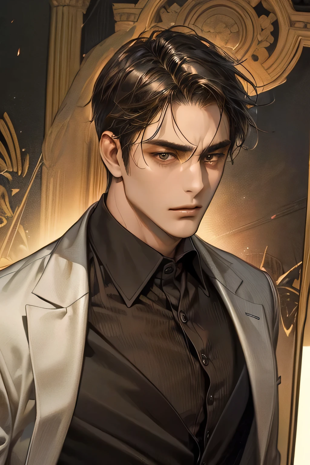 (1 adult man 40 years old), black hair, ((Brown eyes)), (office suit), minimalistic furnishings, Large assembly, half of the body, portrait, good anatomy, (Detailed eyes), ((dark skin)), A face without emotion, (bottom up view), (Italian)