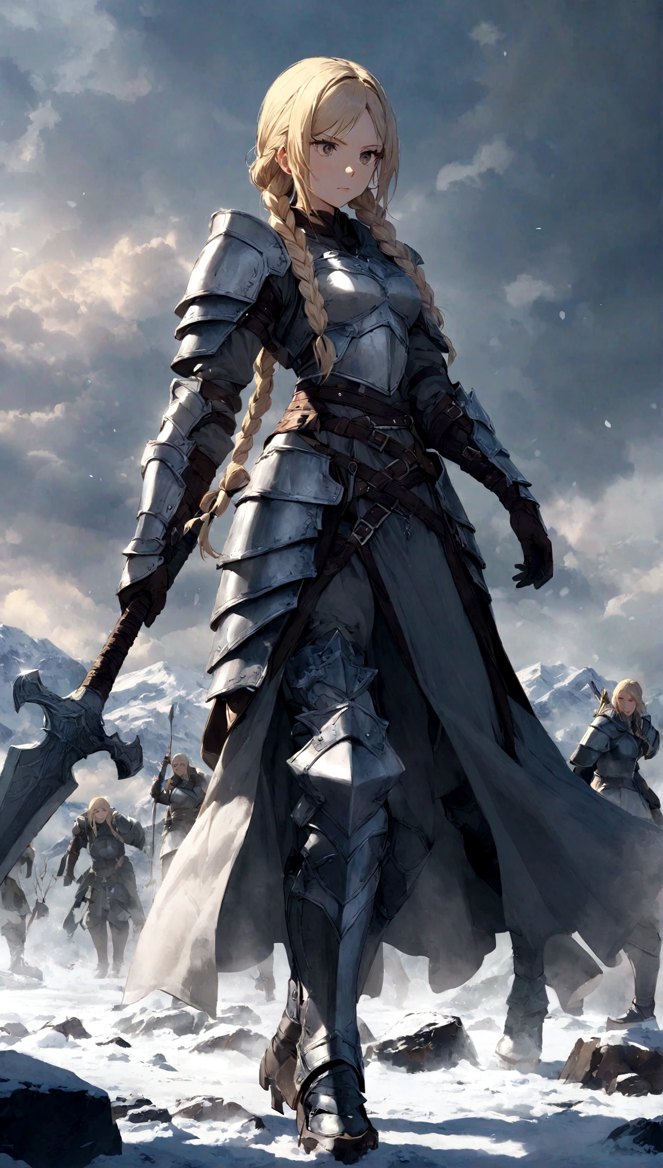"A Viking woman is preparing for battle, in the cold of winter, with her light blonde hair tied in braids. She is dressed in armor and weapons, with a determined and confident expression. The sunlight falls on her, highlighting the texture of his armor and the shape of his figure. The setting is of an icy battlefield, with snow and gray clouds in the background, creating an atmosphere of war and defiance."