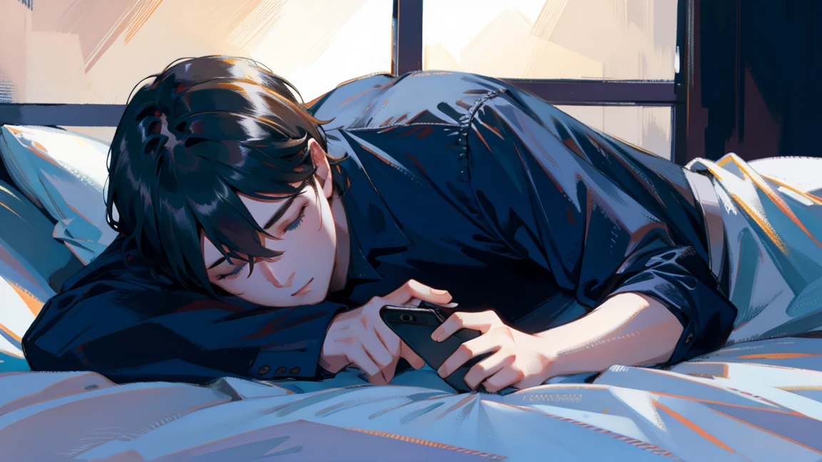 An office worker playing games on his smartphone while lying down