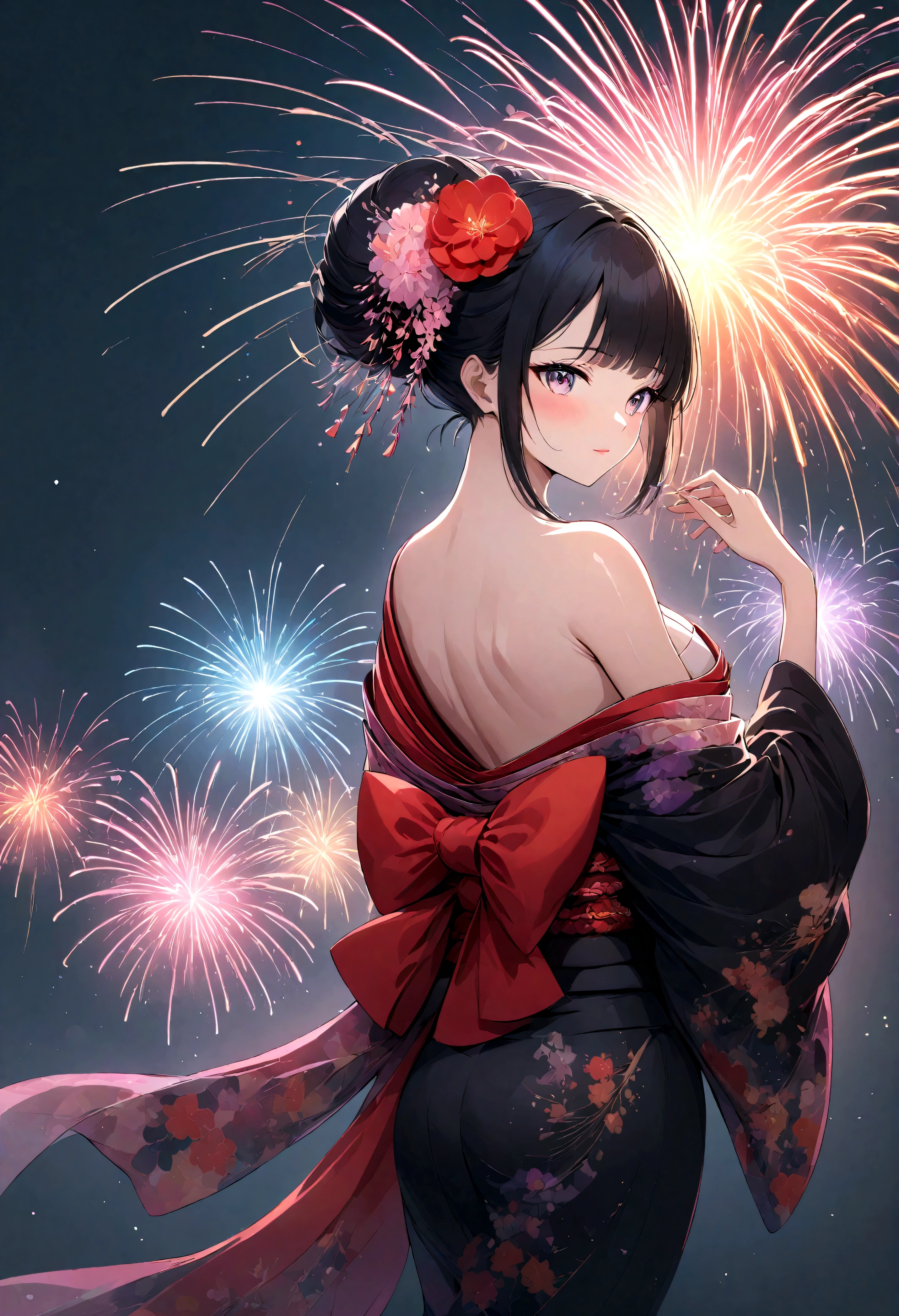Anime Style, SW Maiko Girl, A woman wearing an elegant kimono, A spectacular fireworks display, Expressing the charming harmony between a seductive adult woman and fireworks, Colorful fireworks, Vibrant colors, full color, Detailed and crisp illustrations,