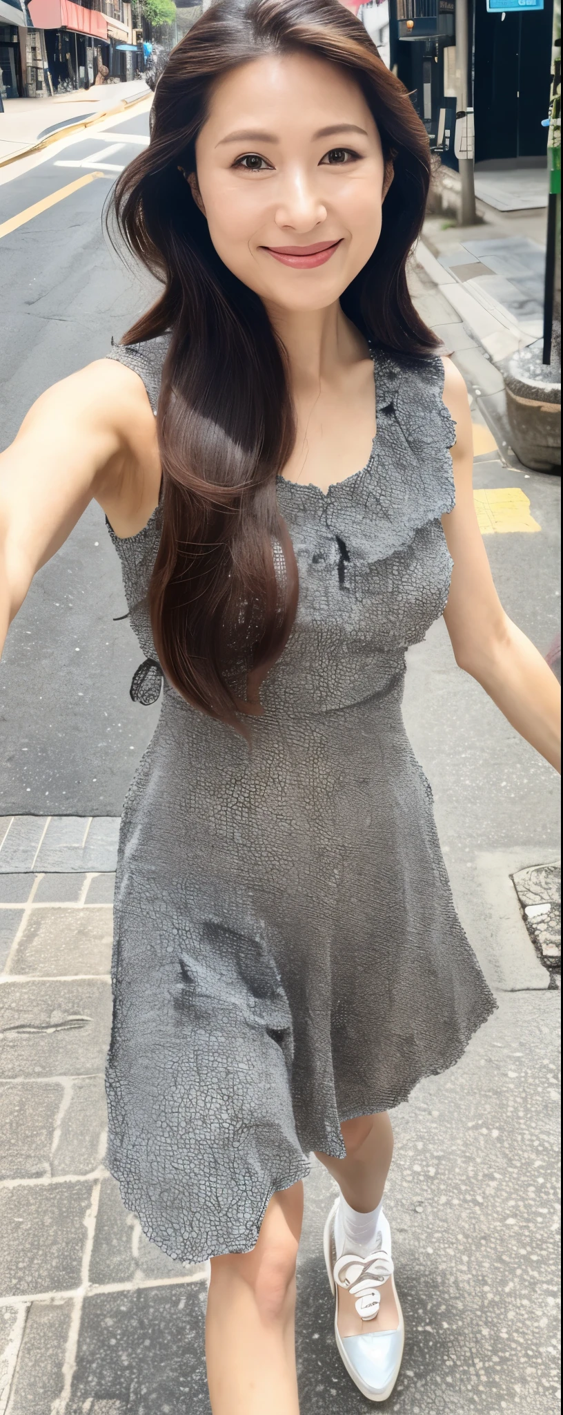 masuterpiece, Best Quality, Illustration, Ultra-detailed, finely detail, hight resolution, 8K photographic, Perfect dynamic composition, full body, from front, 1 japanese girl, Beautiful detailed eyes, long wavy Hair, wearing sleeveless dress, make up:1.1, Smile, Omotesando Street Walk, 28 years girl