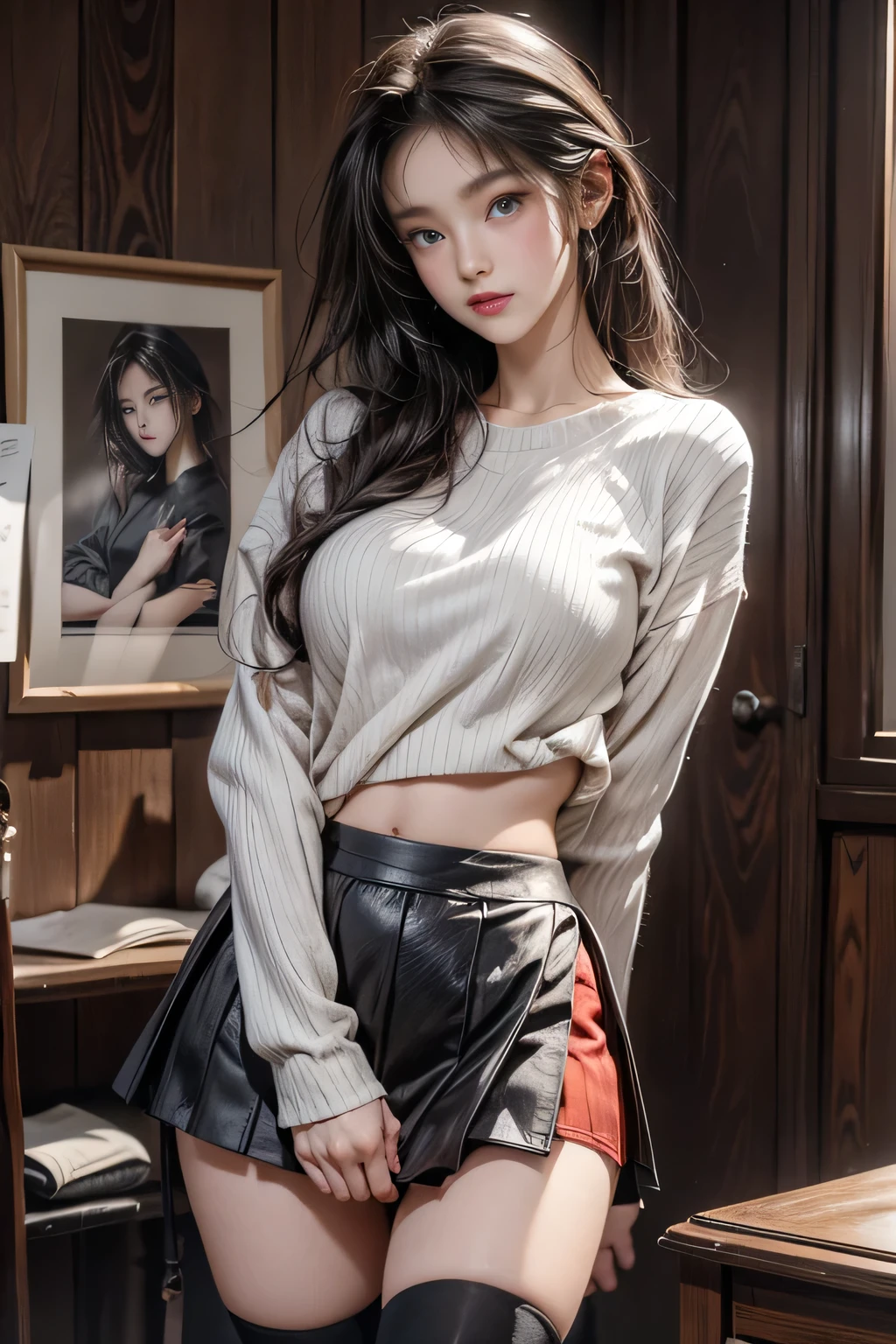 Ulzzang-6500-v1.1, (RAW Photos:1.2), (Realistic:1.4), Beautiful detailed girl, Very detailed eyes and face, Beautiful fine details, （Wet crotch:1.5）,Ridiculous, Incredibly Ridiculous, Large file size, （Very detailed:1.5）, High resolution, Very detailed, highest quality,(((fantasy cloth,large breasts,zettai ryouiki,pantyshot,Real fleshy))),  figure, Very detailed, Hmph, Unified, 8k wallpaper, wonderful, The finer details,, highest quality, Very detailed ticker integrated 8k wallpaper, Face Light, Cinema Lighting, One Girl, 20 years old, (()), ((Dynamic pose))), (Camel Toe), (half),wearing knit sweater & miniskirt, (Flirtingly lifting her skirt to show her panties:1.3)