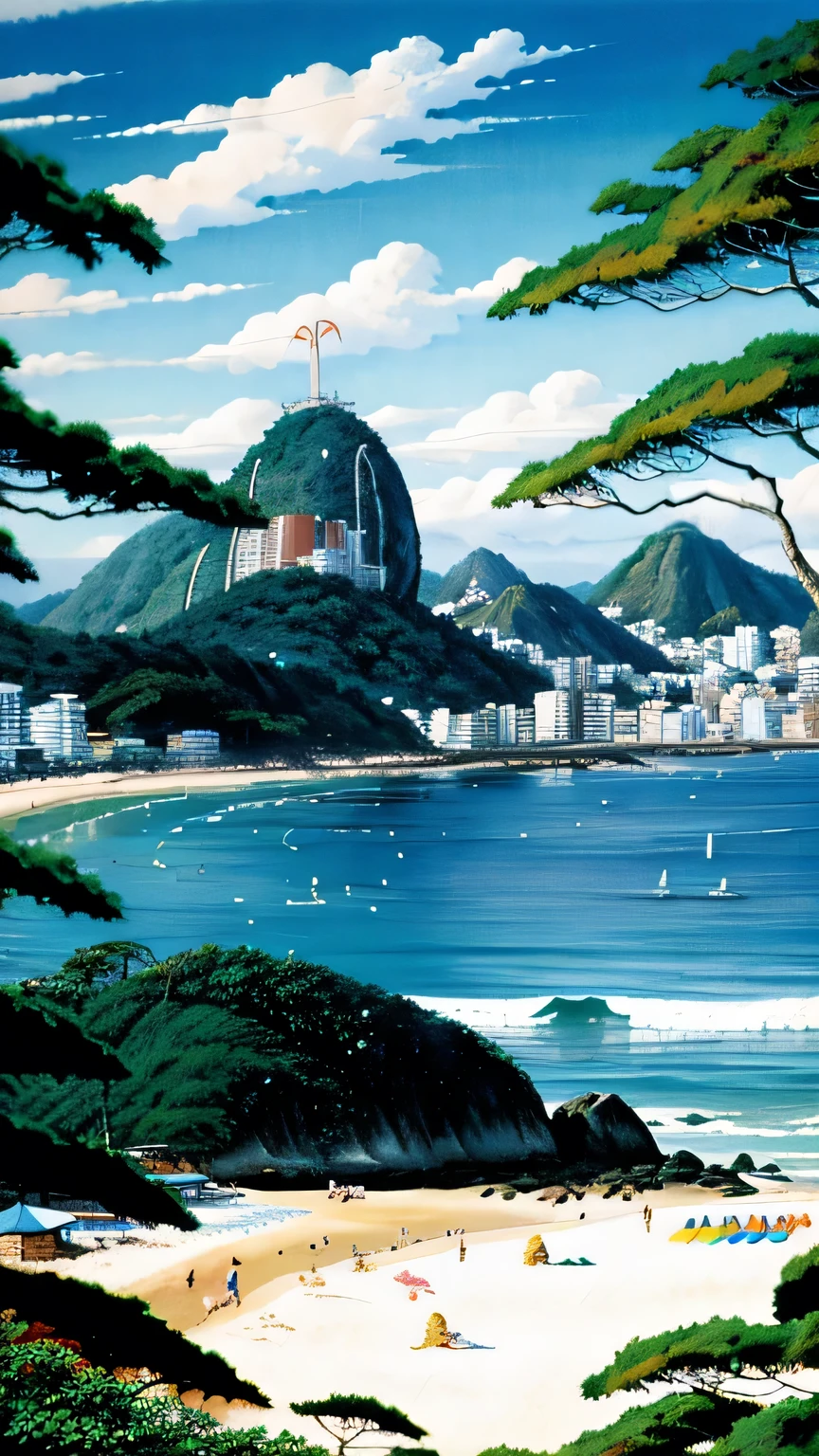 painting of a beach with a view of a city and a beach, rio de janeiro in an anime film, tropical coastal city, by Kentaro Miura, hiroya oku painterly, by Yamagata Hiro, blue sea. by makoto shinkai, kentaro miura art, beautiful art uhd 4 k, by Naondo Nakamura