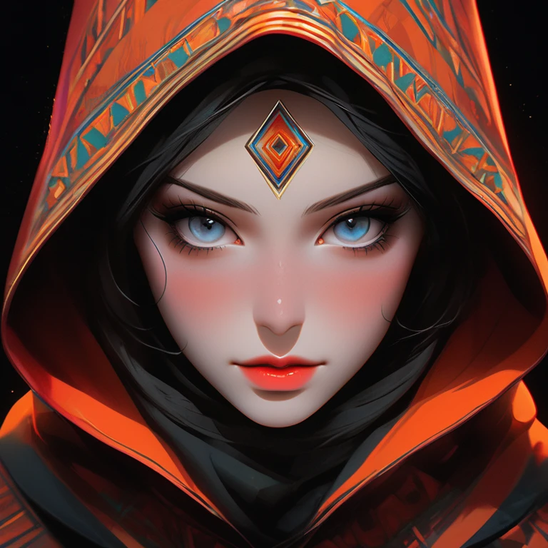 a symmetrical face, hood, detailed face, beautiful eyes, beautiful lips, high quality, photorealistic, vibrant colors, cinematic lighting, digital art, concept art