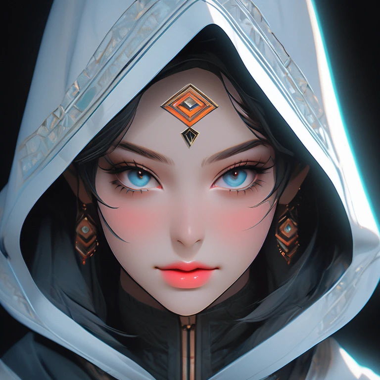 a symmetrical face, hood, detailed face, beautiful eyes, beautiful lips, high quality, photorealistic, vibrant colors, cinematic lighting, digital art, concept art