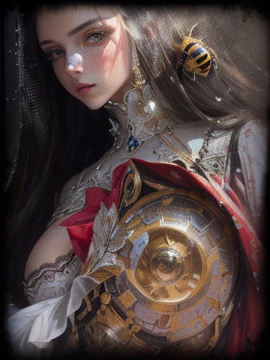 painting of a woman with a large breast and a red dress, human structure bee concept art, by Ludwik Konarzewski, by Adrienn Henczné Deák, by Jan Konůpek, inspired by Dave McKean, by Eugeniusz Zak, detail, by Géza Udvary