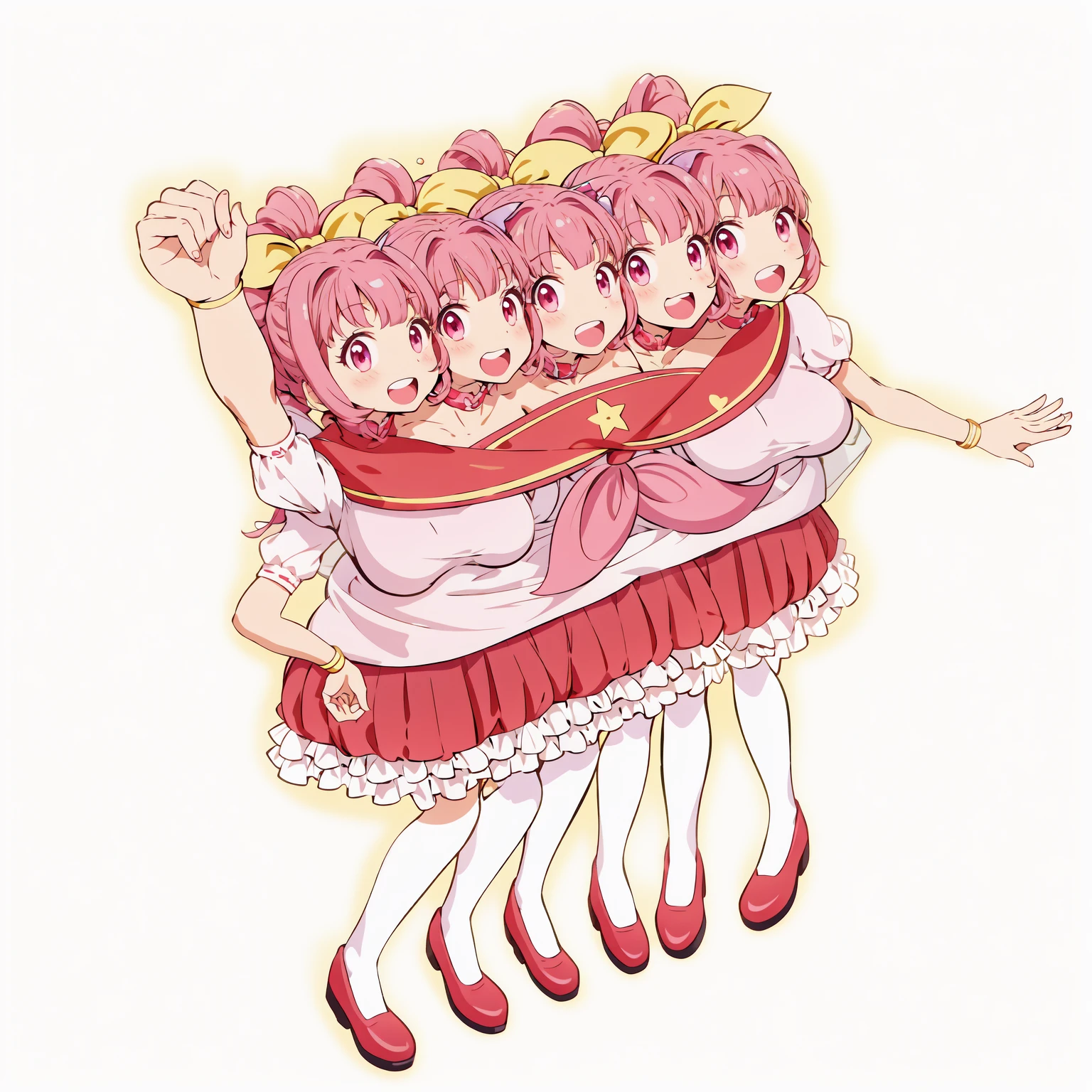 (masterpiece, best quality), best resolution, 16k, (2heads:1.5), 1girl, solo, anime characters in a dress, anime maids riding early tanks, schoolgirl uniform, anime hi-fructose, pink magical girl, pose(arms up + happy), magical girl anime mahou shojo,