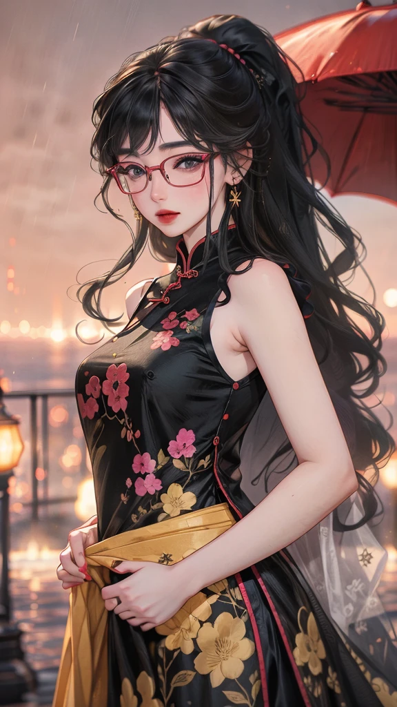 ((Full body, Standing straight in front of the camera, Look at camera, Very low angle, A pretty adult woman wearing black-rimmed glasses, long pink hair in a ponytail, Sleeveless short cheongsam with deep slit, White short cheongsam with golden decorations)),