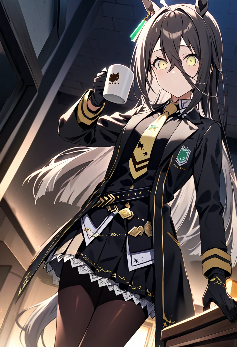 score_9, score_8_superior, score_7_superior, sauce_anime, evaluation_Safety, alone, One girl, Manhattan Cafe, Expressionless, View Viewer, Have a coffee mug, Ahoge, Black jacket, shirt, tie, Black gloves, skirt, pantyhose, Single earring, Horse tail ,moonlight,Unlit room,Horse riding,ベッドのsuperiorにいる,Down,Downから見superiorげる,